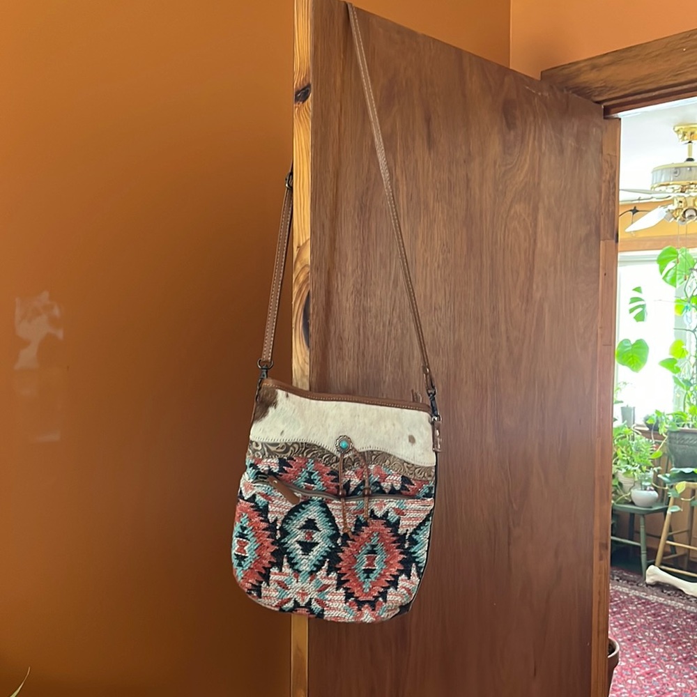Myra Bag crossbody Aztec leather canvas and hair on